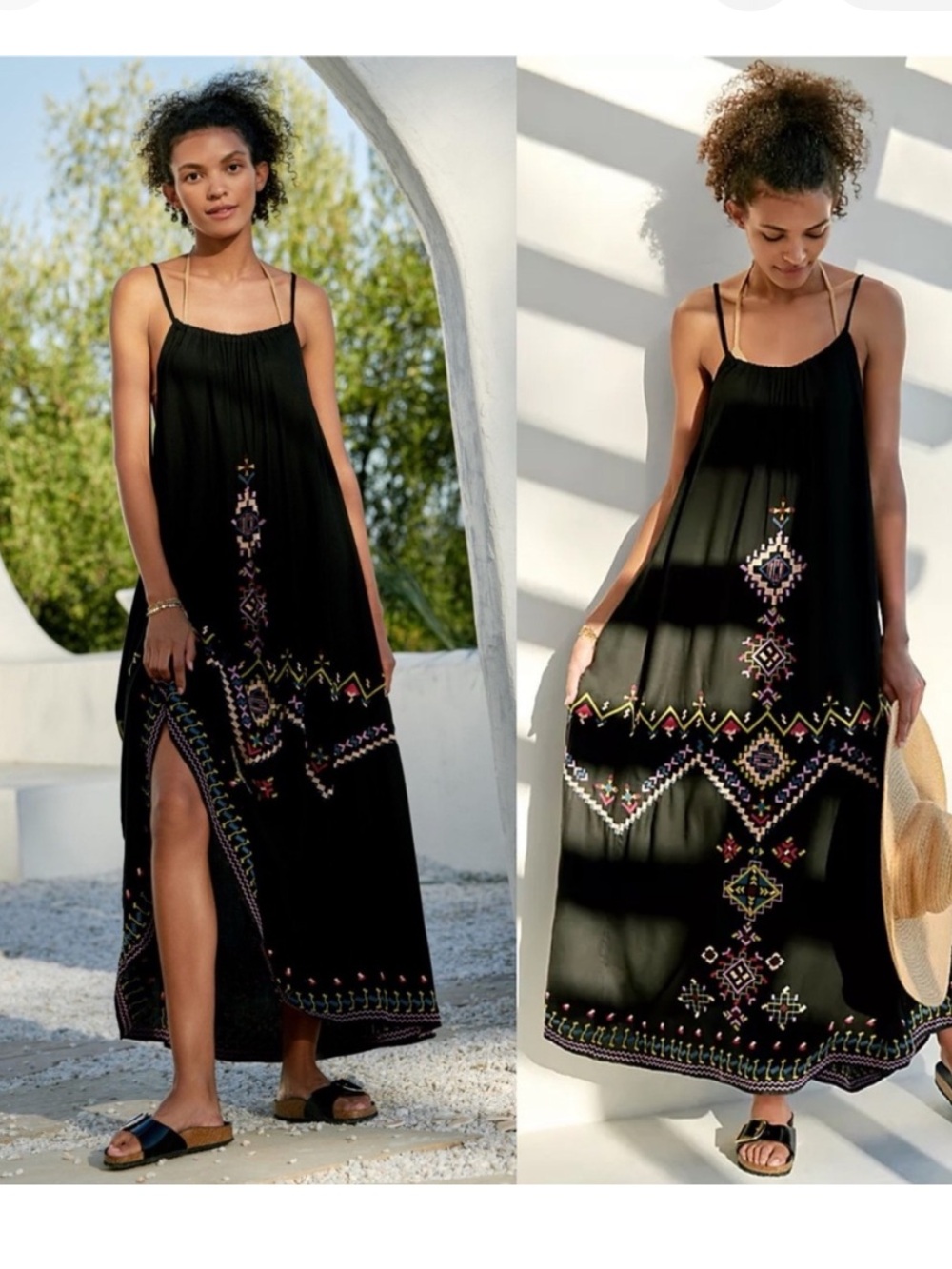 Anthropologie boho spaghetti strap black viscose embroidered full dress EUC S/M - Picture 10 of 10